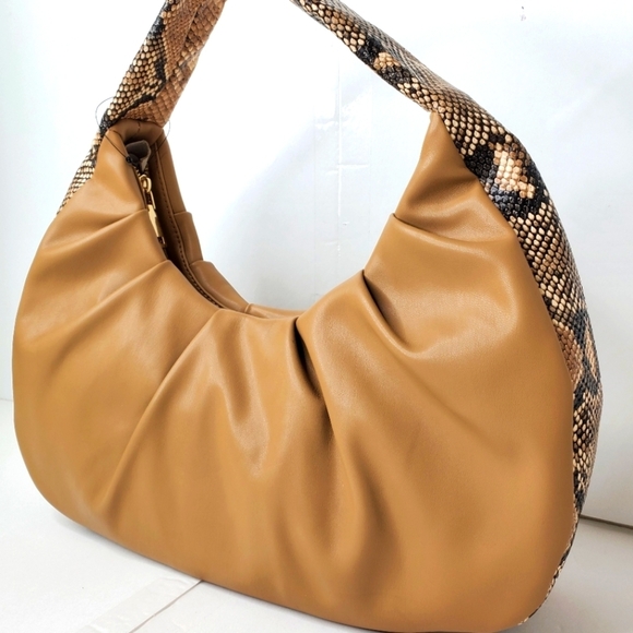 INC International Concepts Camel Leather Snake Trim Women's Hobo Shoulder Purse - Picture 2 of 10